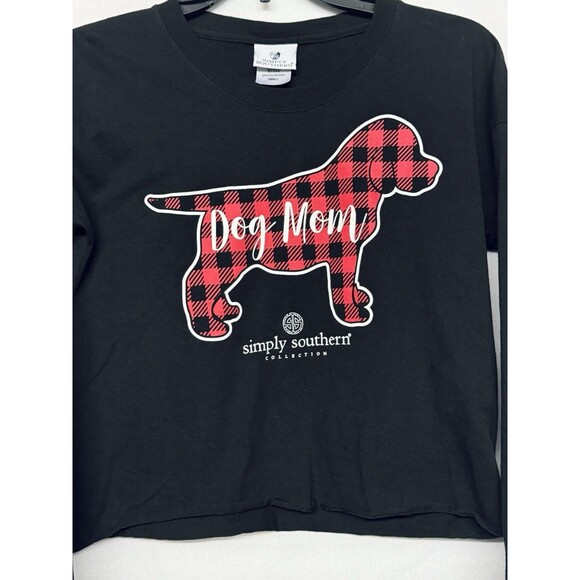Simply Southern Small Black Red Plaid Dog Mom Cutoff Crop Long Sleeve T Shirt - Picture 2 of 5
